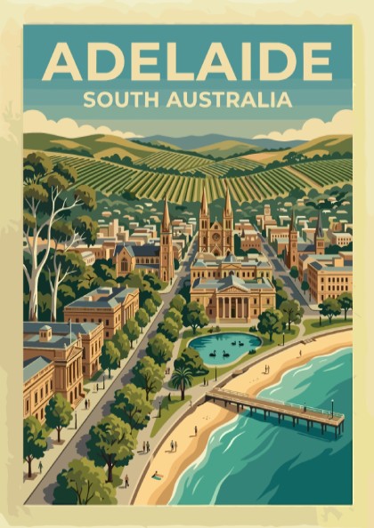 Adelaide South Australia travel poster featuring a coastal cityscape with cathedrals, hills, and pier.