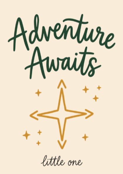 Kids room poster featuring 'Adventure Awaits' in green and gold, ideal for nursery decor and children's wall
