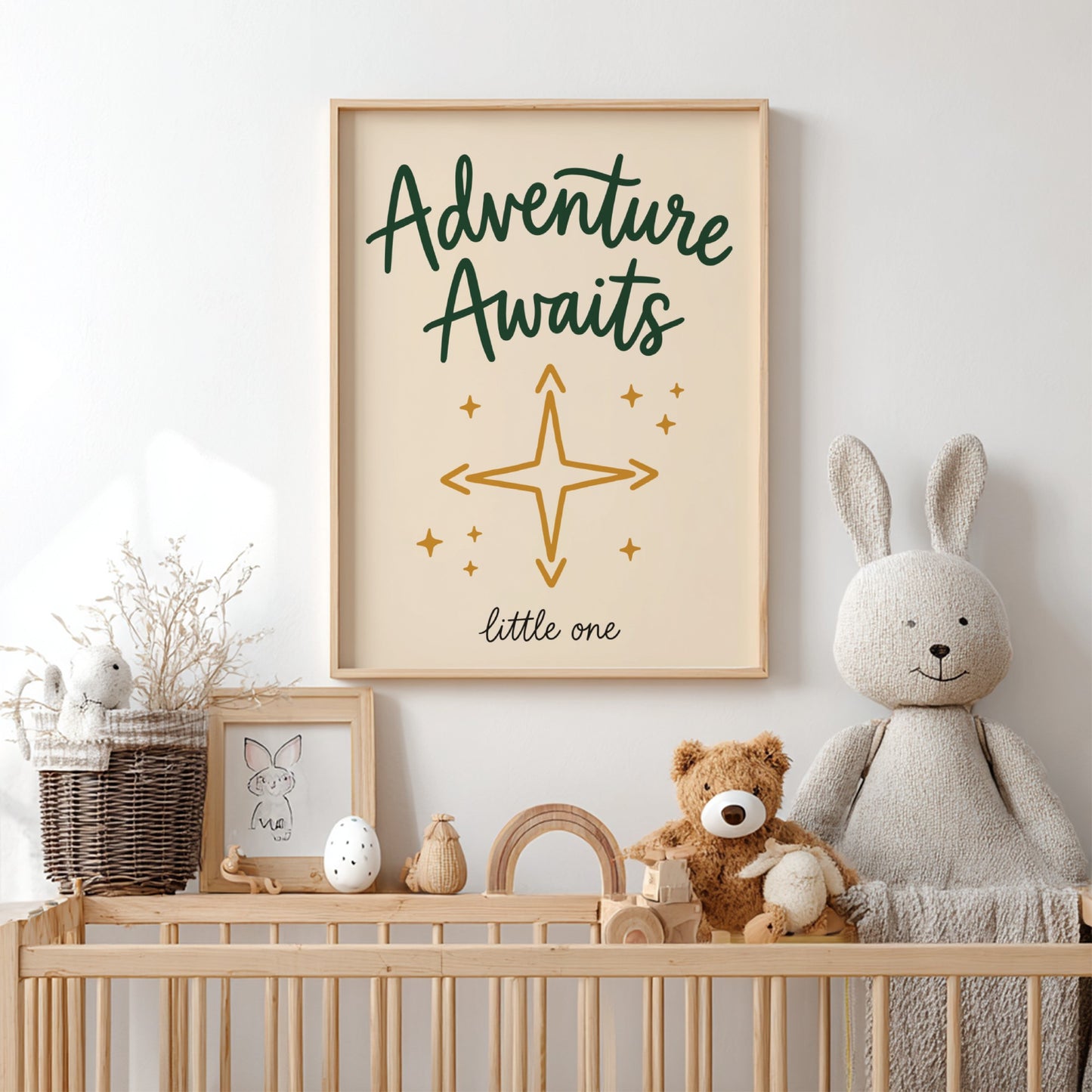 Kids room poster featuring 'Adventure Awaits' in green and gold, ideal for nursery decor and children's wall
