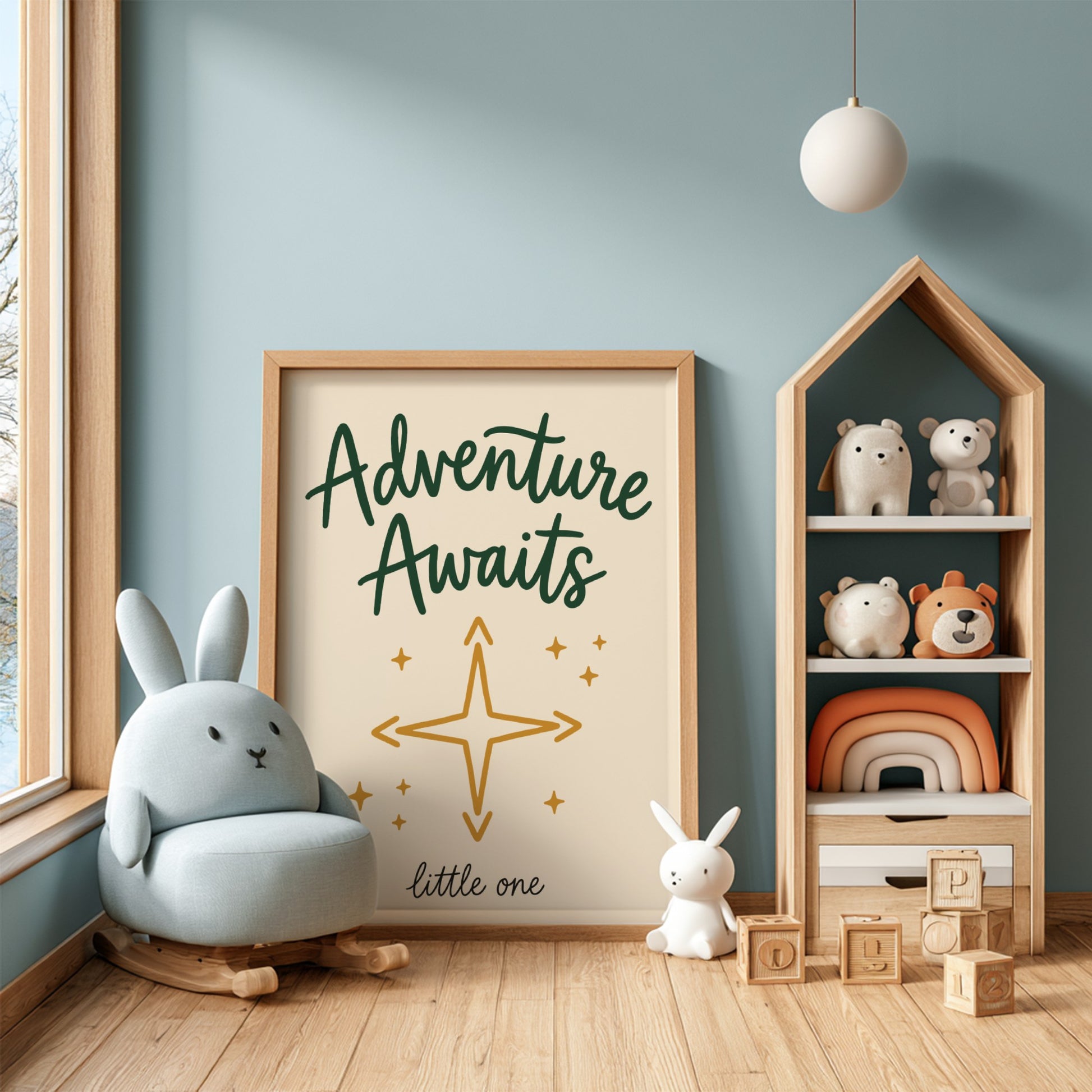 Kids room poster featuring 'Adventure Awaits' in green and gold, ideal for nursery decor and children's wall