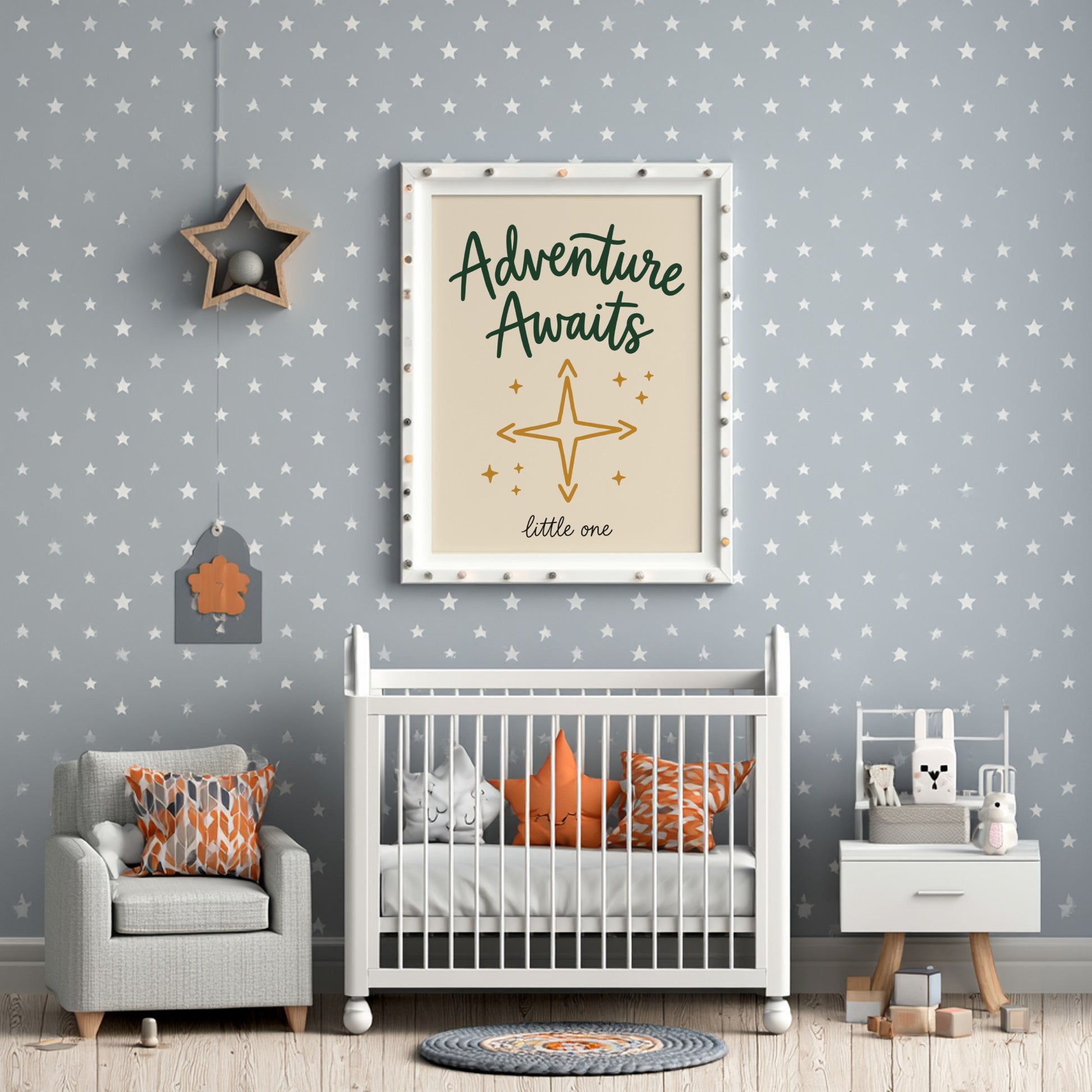 Kids room poster featuring 'Adventure Awaits' in green and gold, ideal for nursery decor and children's wall