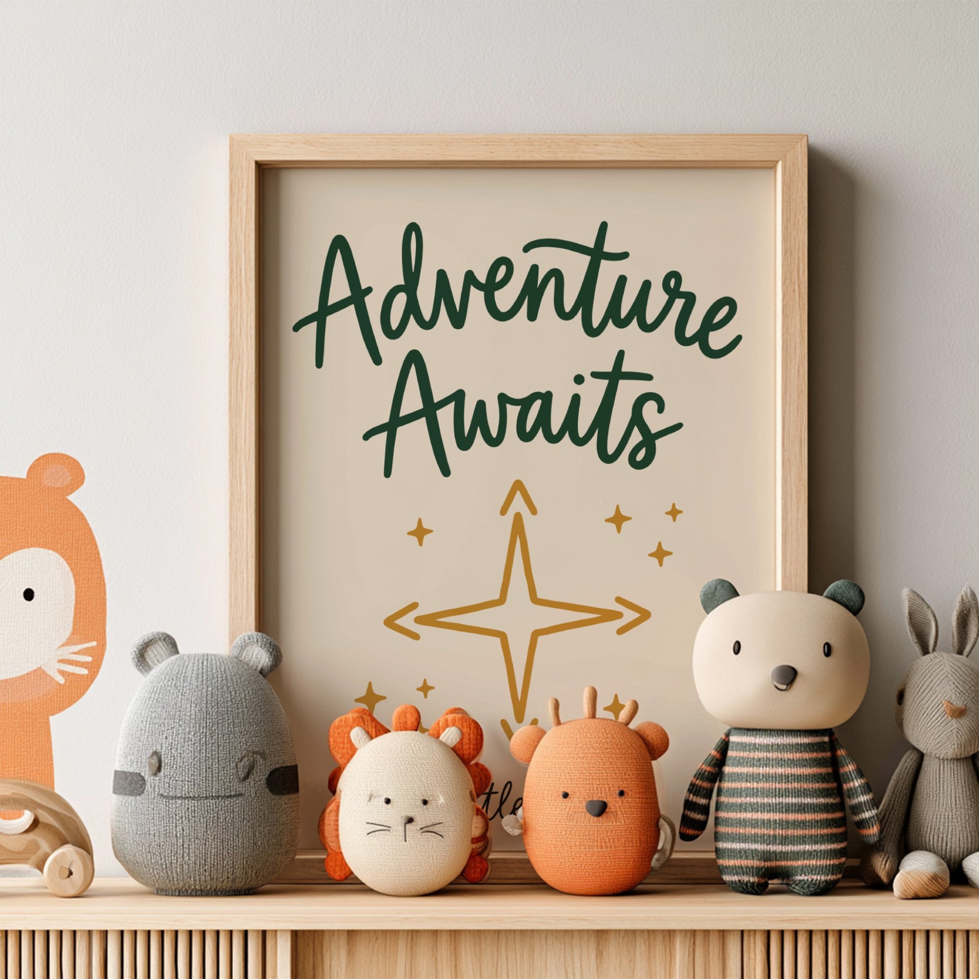 Kids room poster featuring 'Adventure Awaits' in green and gold, ideal for nursery decor and children's wall