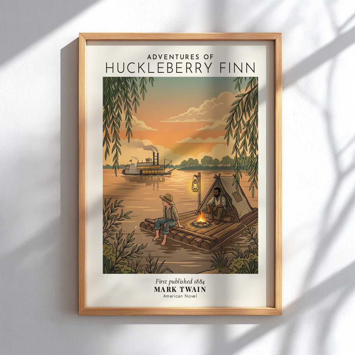 Poster of Huckleberry Finn and Jim on a raft by a river at sunset