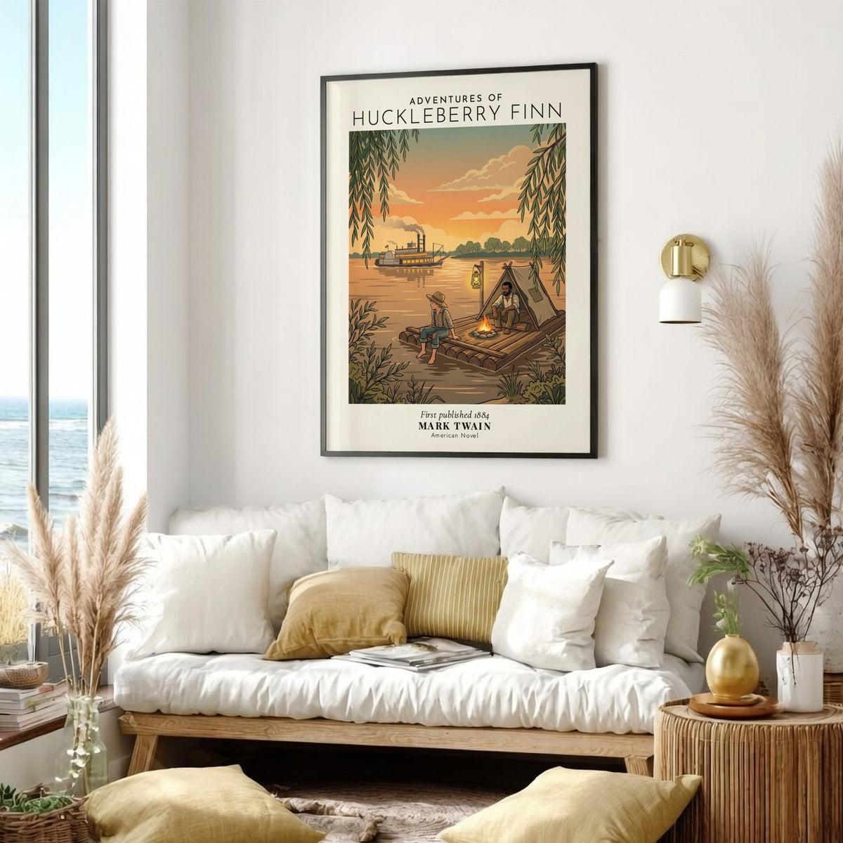 Poster of Huckleberry Finn and Jim on a raft by a river at sunset