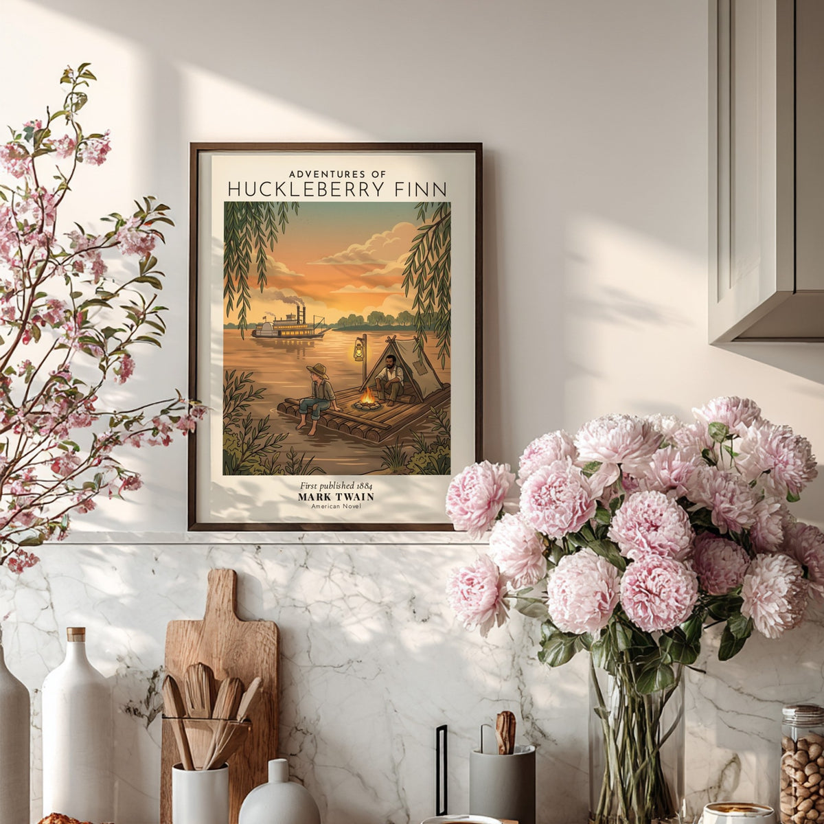 Poster of Huckleberry Finn and Jim on a raft by a river at sunset