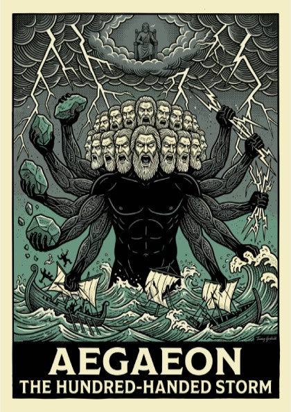 Aegaeon poster featuring a hundred-handed giant from Greek mythology in a stormy sea, illustrative style.