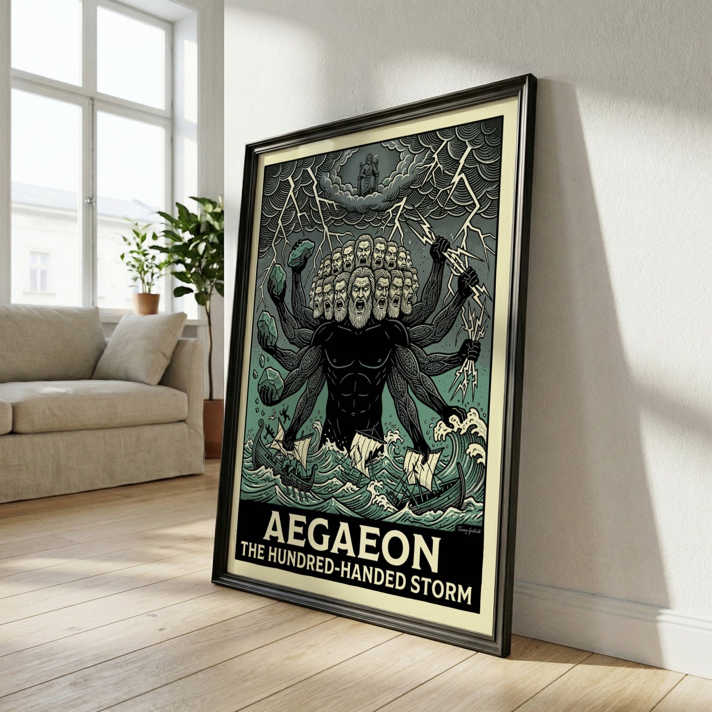 Aegaeon poster featuring a hundred-handed giant from Greek mythology in a stormy sea, illustrative style.