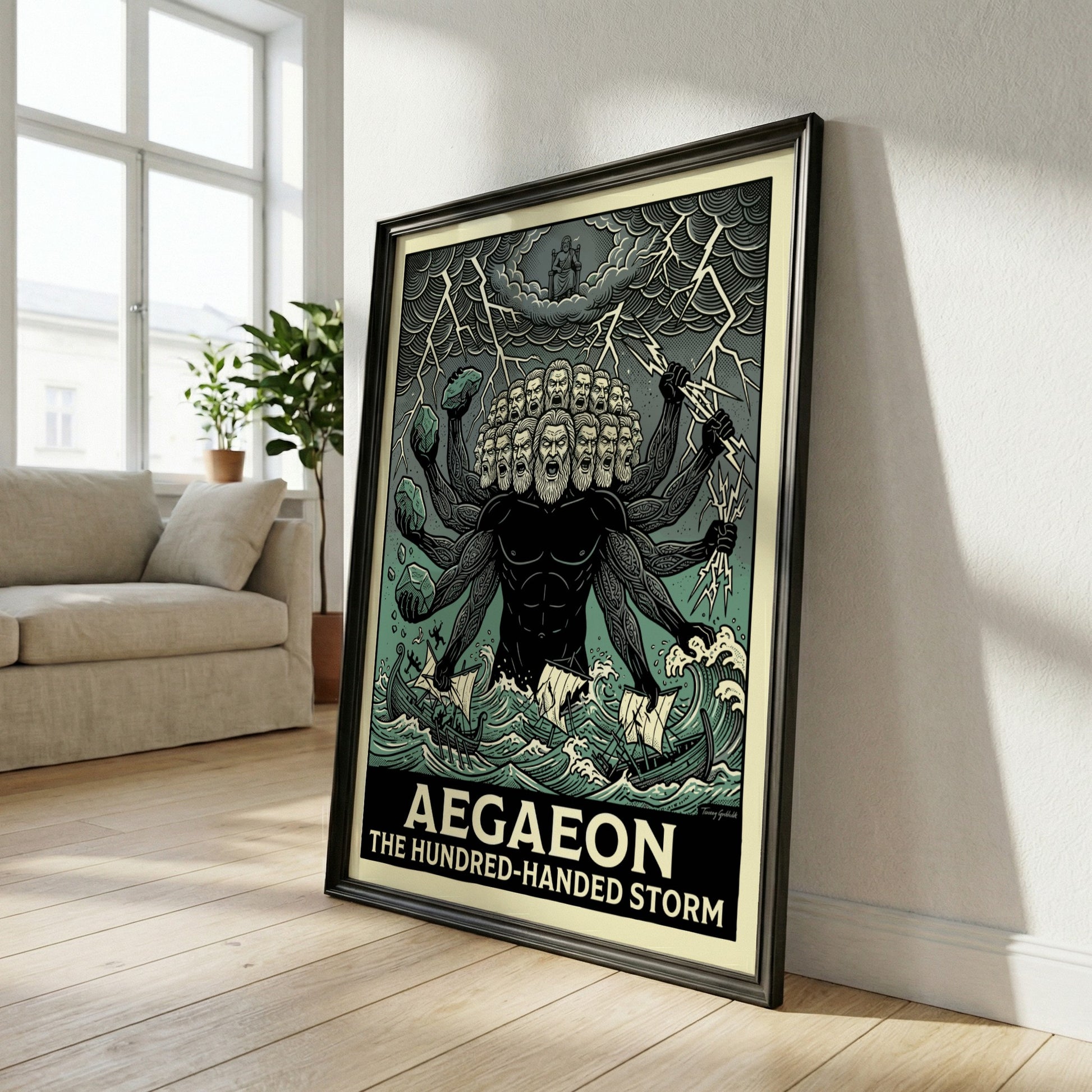 Aegaeon poster featuring a hundred-handed giant from Greek mythology in a stormy sea, illustrative style.
