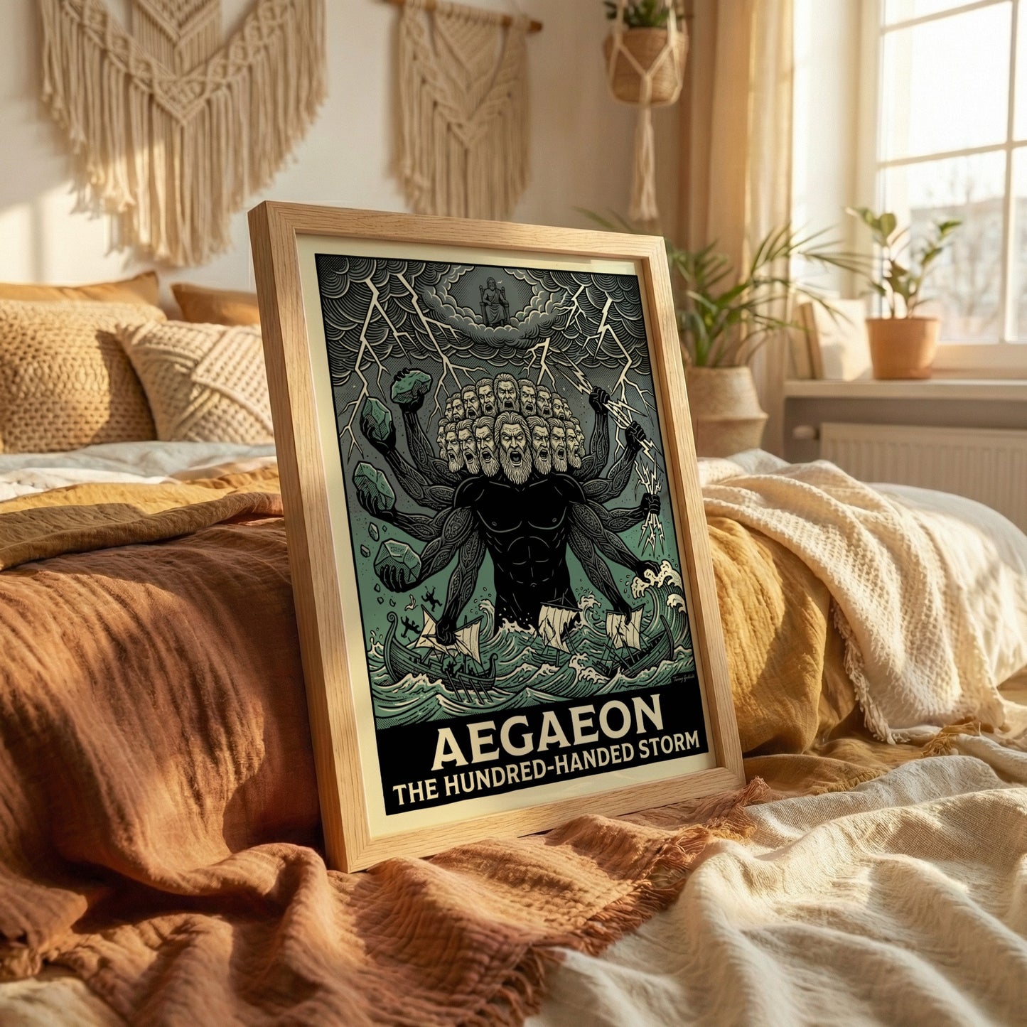 Aegaeon poster featuring a hundred-handed giant from Greek mythology in a stormy sea, illustrative style.