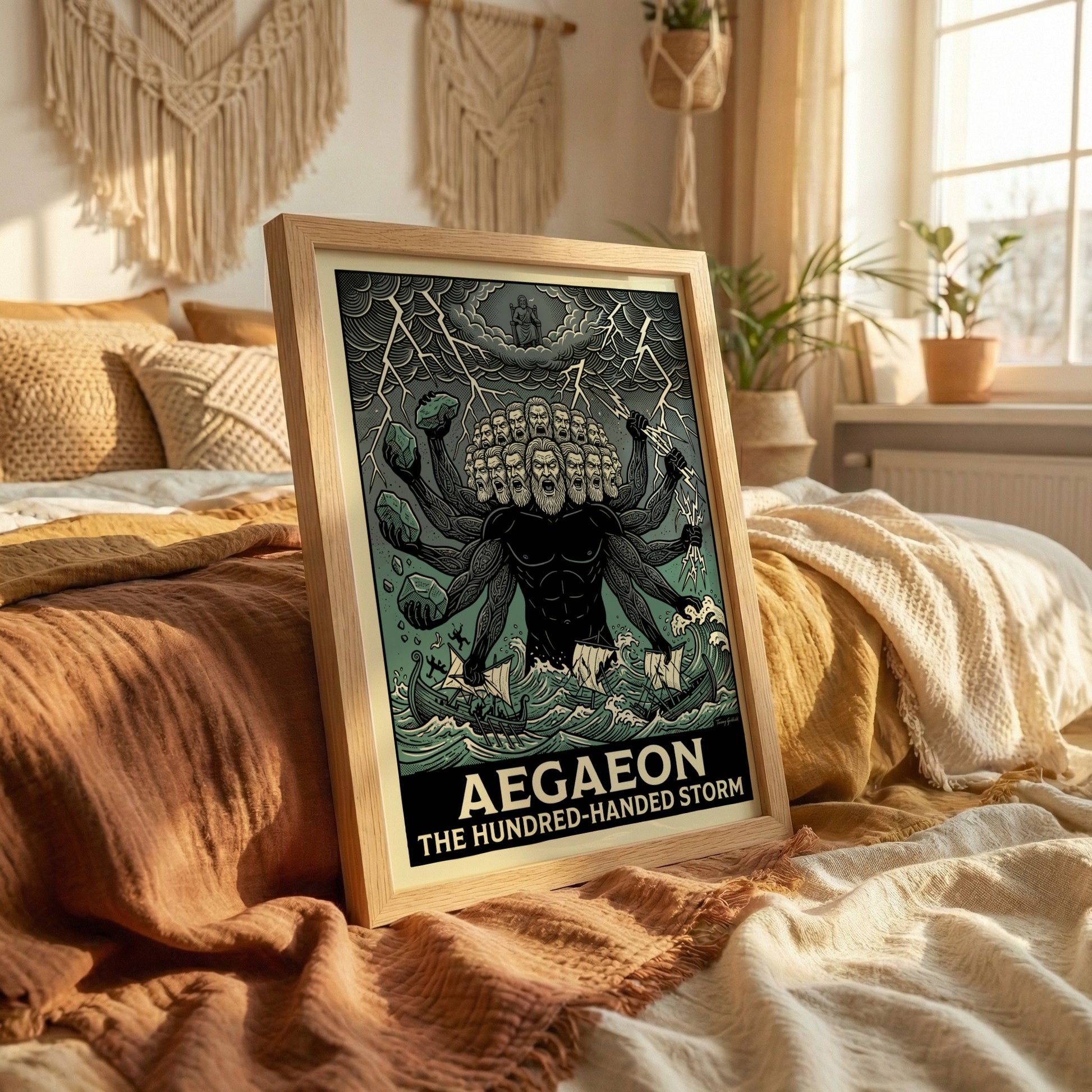 Aegaeon poster featuring a hundred-handed giant from Greek mythology in a stormy sea, illustrative style.