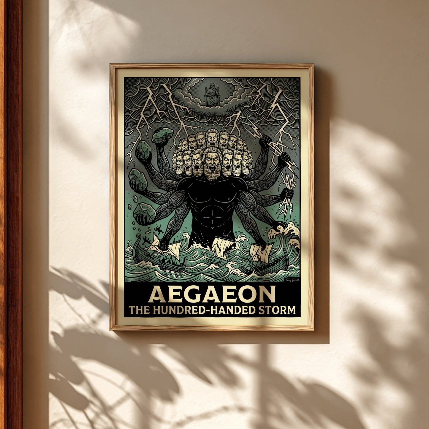 Aegaeon poster featuring a hundred-handed giant from Greek mythology in a stormy sea, illustrative style.