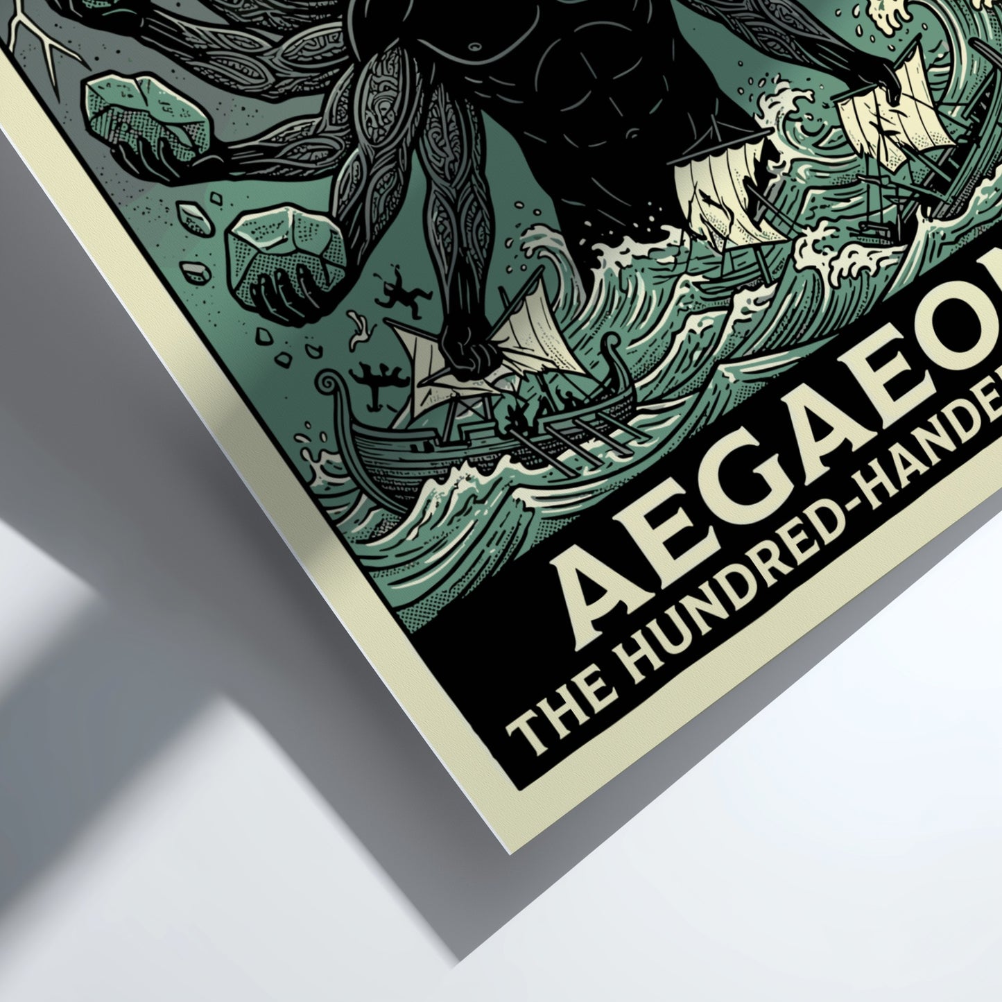 Aegaeon poster featuring a hundred-handed giant from Greek mythology in a stormy sea, illustrative style.