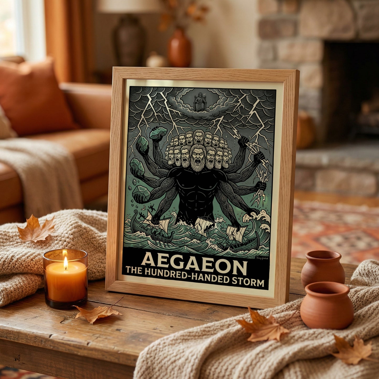 Aegaeon poster featuring a hundred-handed giant from Greek mythology in a stormy sea, illustrative style.