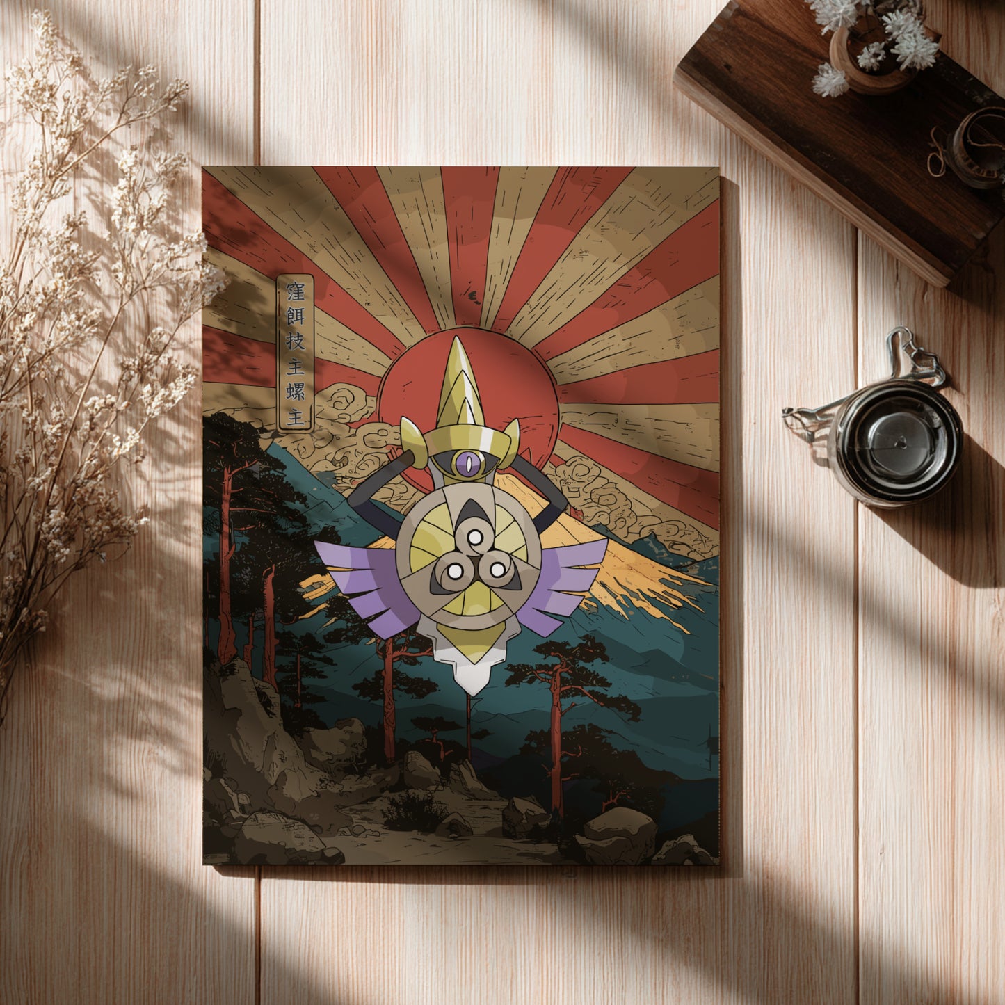 Decorative wall art with Aegislash Pokemon and abstract design on a wooden surface.