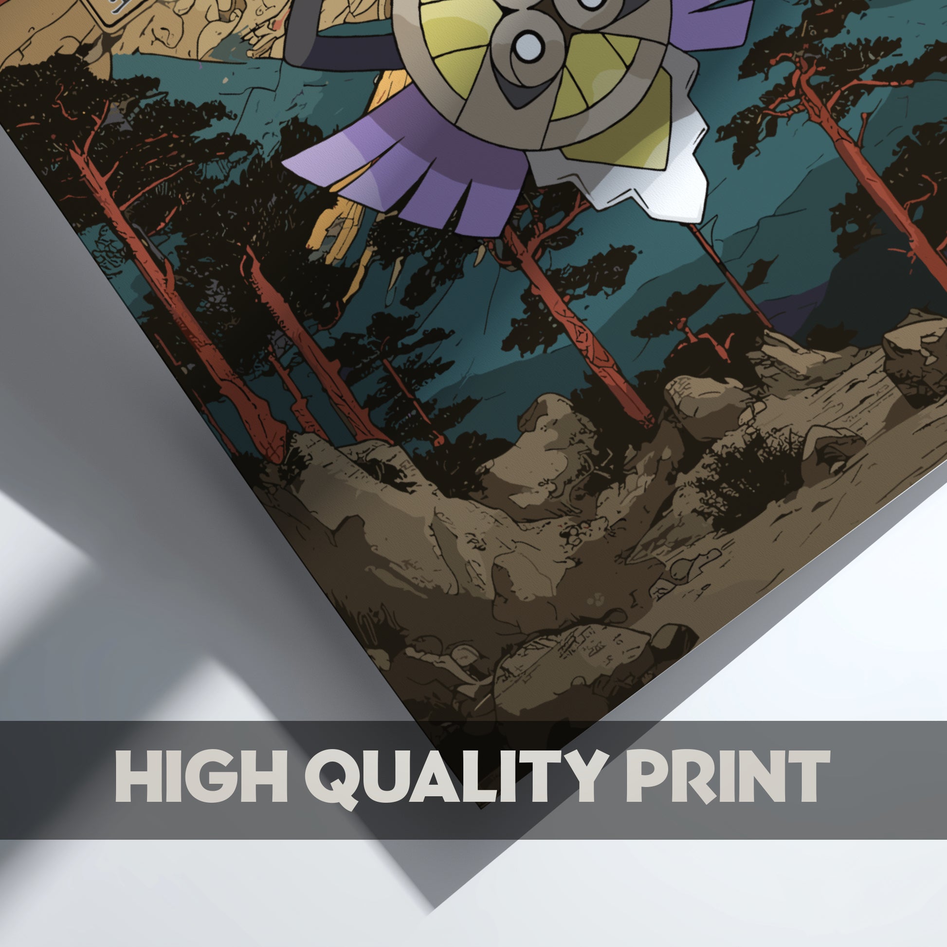 Artistic print of a stylized landscape with Aegislash Pokemon above trees and mountains, labeled 'High Quality Print'.