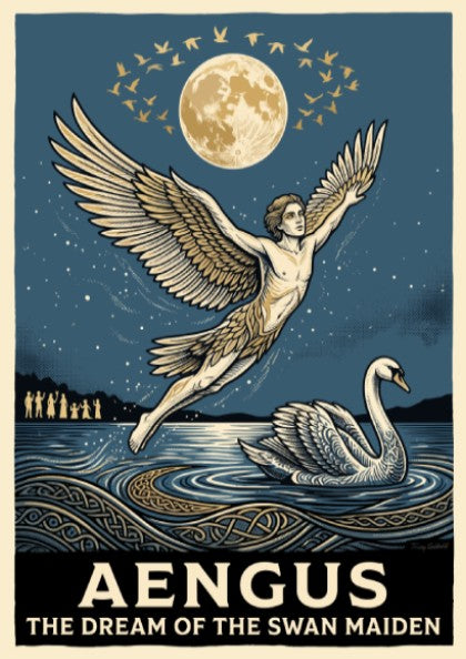 Poster featuring Aengus with wings flying toward a moon above a swan lake