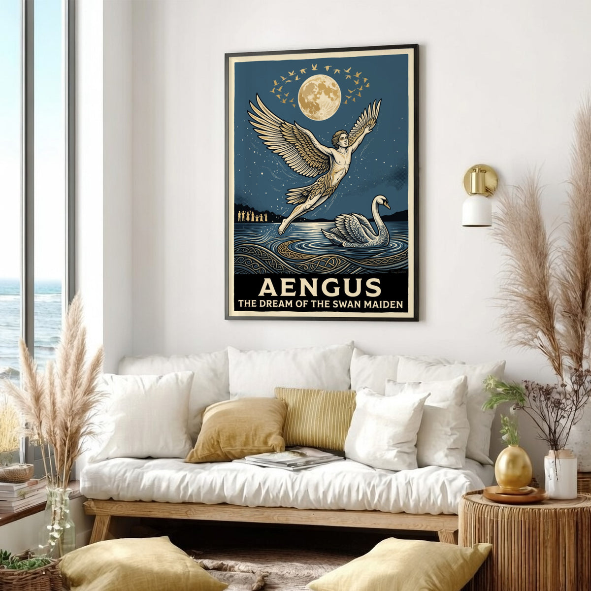 Poster featuring Aengus with wings flying toward a moon above a swan lake