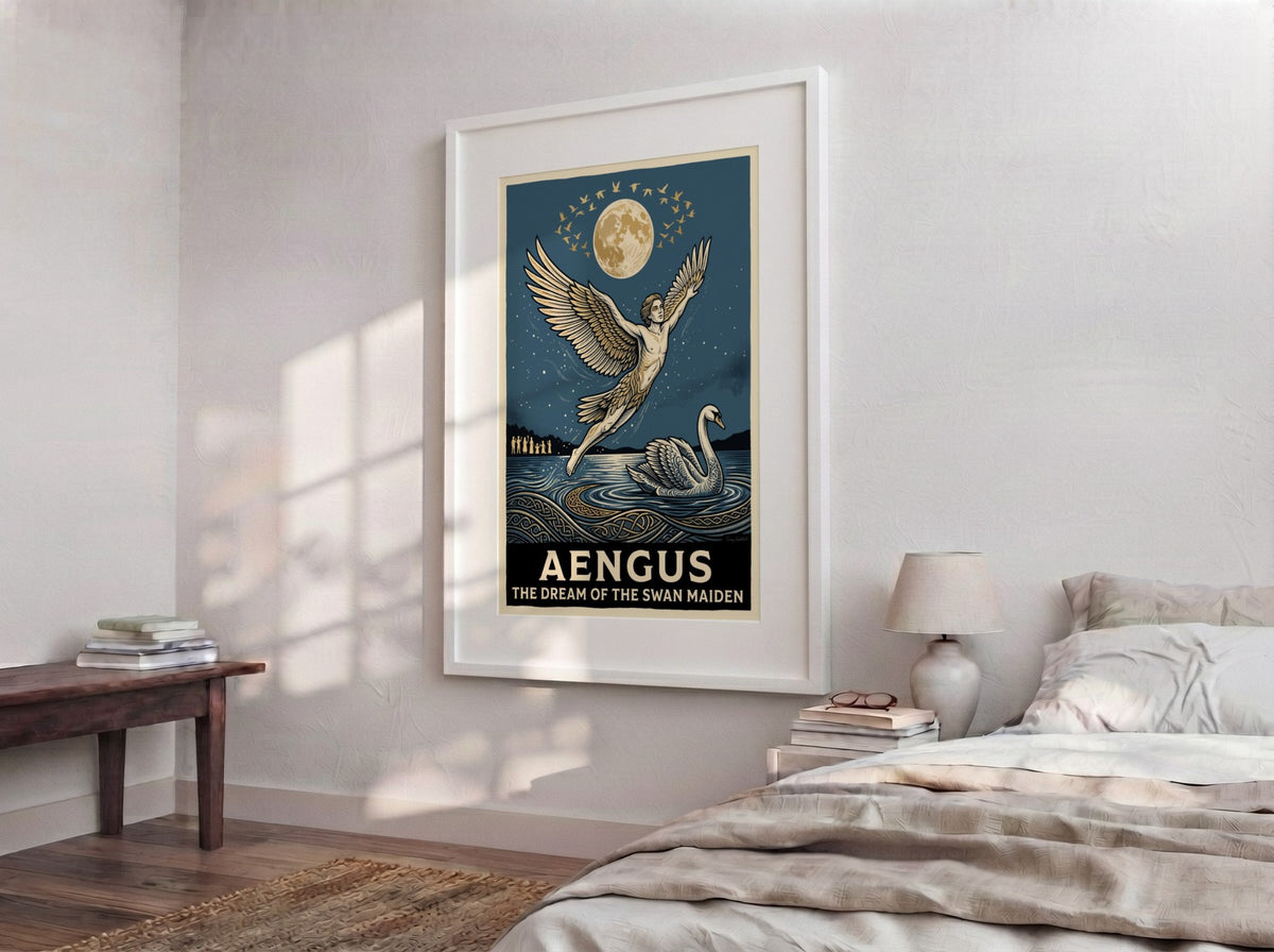 Poster featuring Aengus with wings flying toward a moon above a swan lake