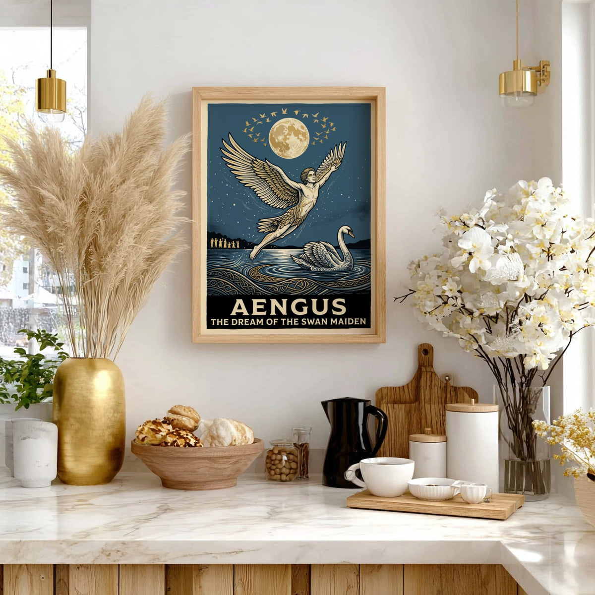 Poster featuring Aengus with wings flying toward a moon above a swan lake