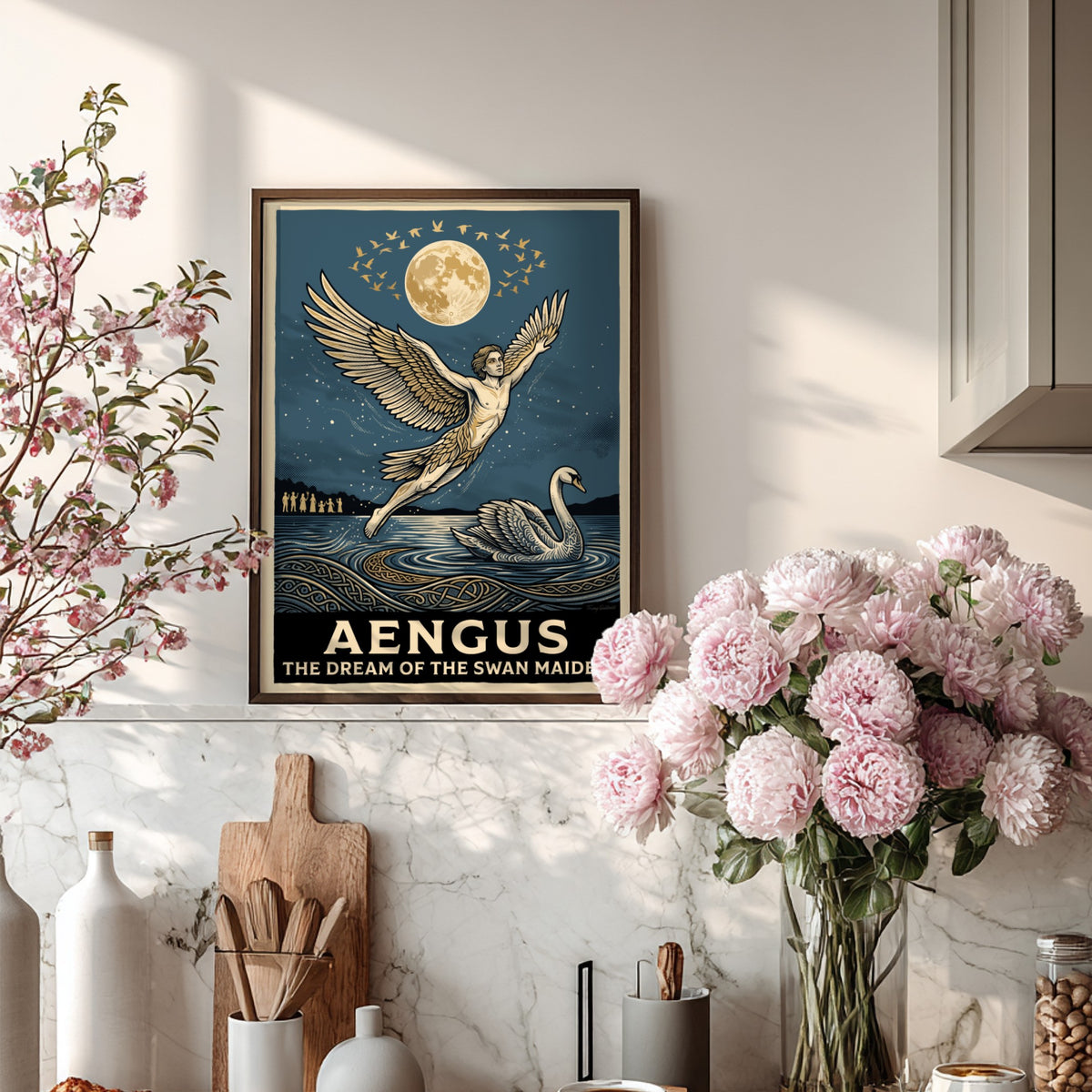 Poster featuring Aengus with wings flying toward a moon above a swan lake
