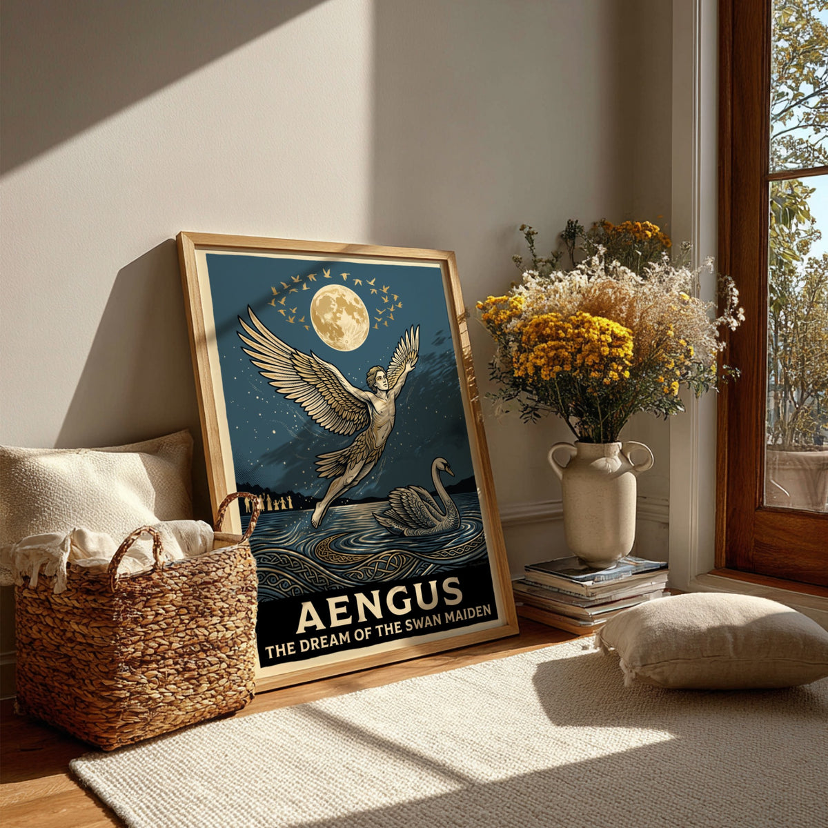 Poster featuring Aengus with wings flying toward a moon above a swan lake