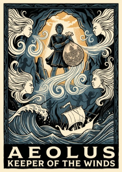 Poster featuring Aeolus holding a bag of winds above a ship in blue