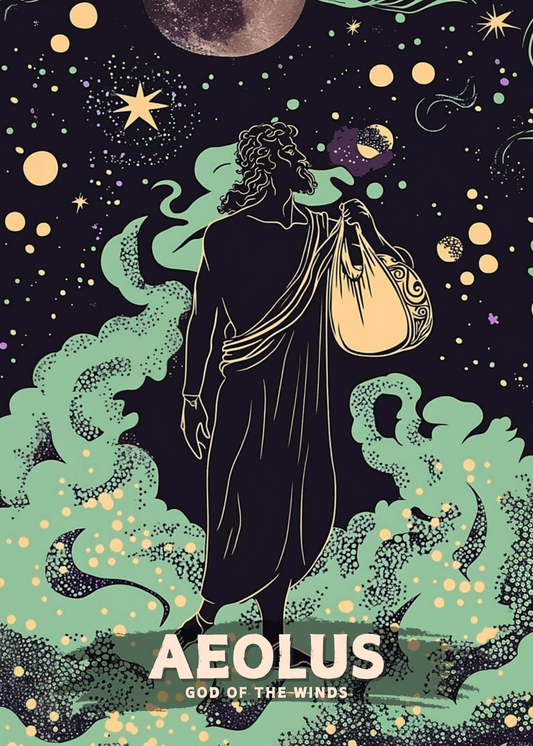 Illustration of Aeolus, the God of the Winds, with celestial elements and text.