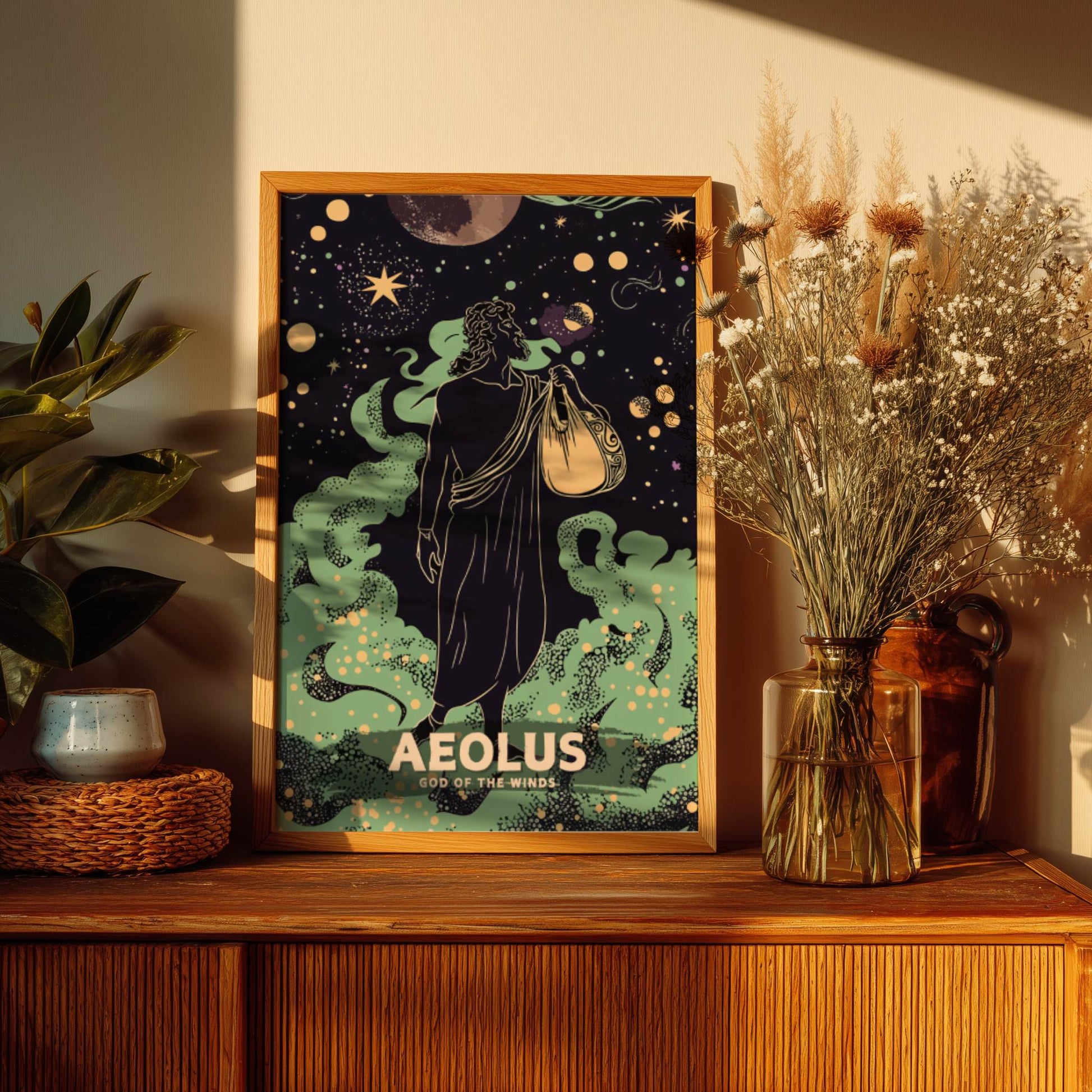 Framed artwork of Aeolus on a wooden shelf with decorative plants and items.