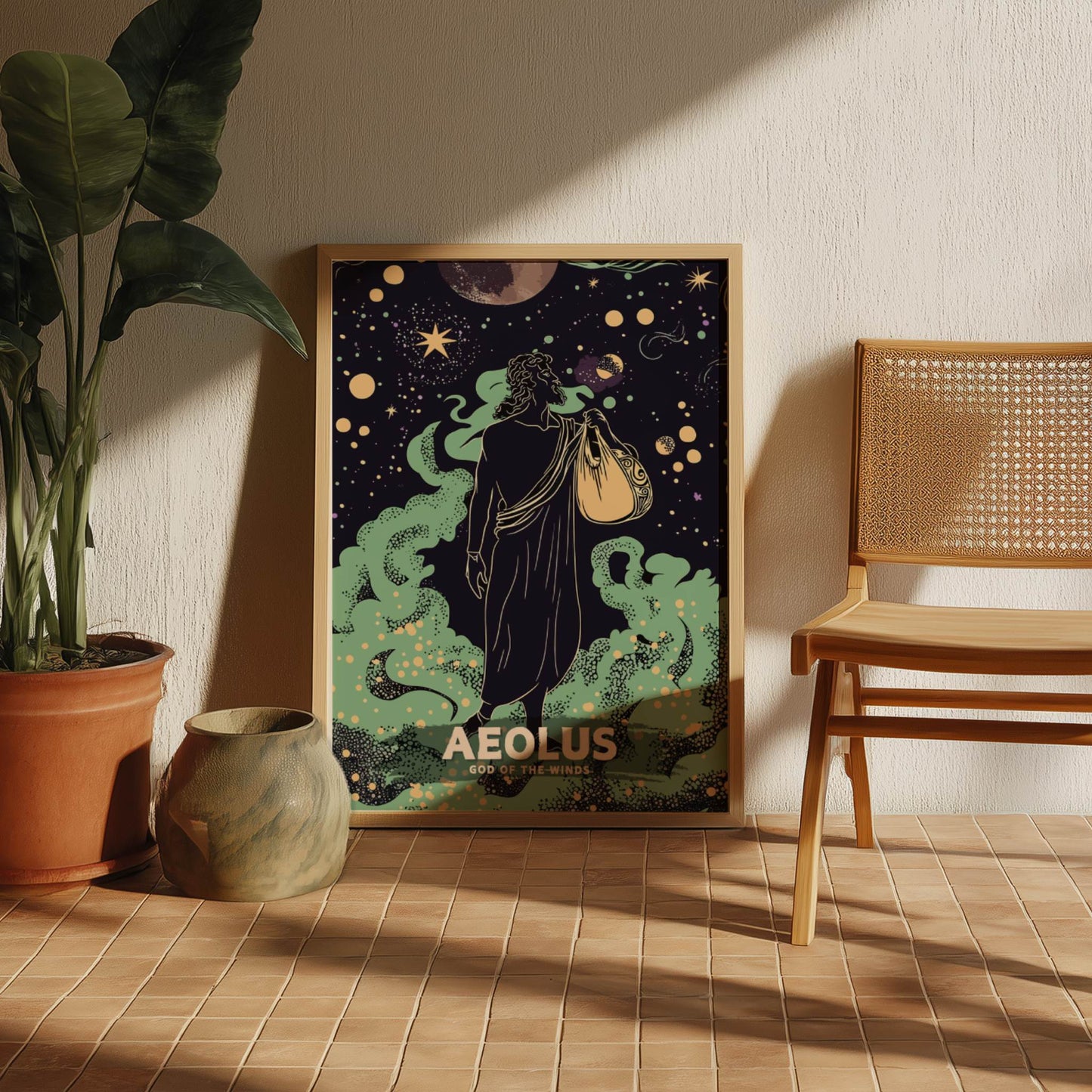 Framed artwork titled 'Aeolus' on a wall next to a wooden chair and plant.