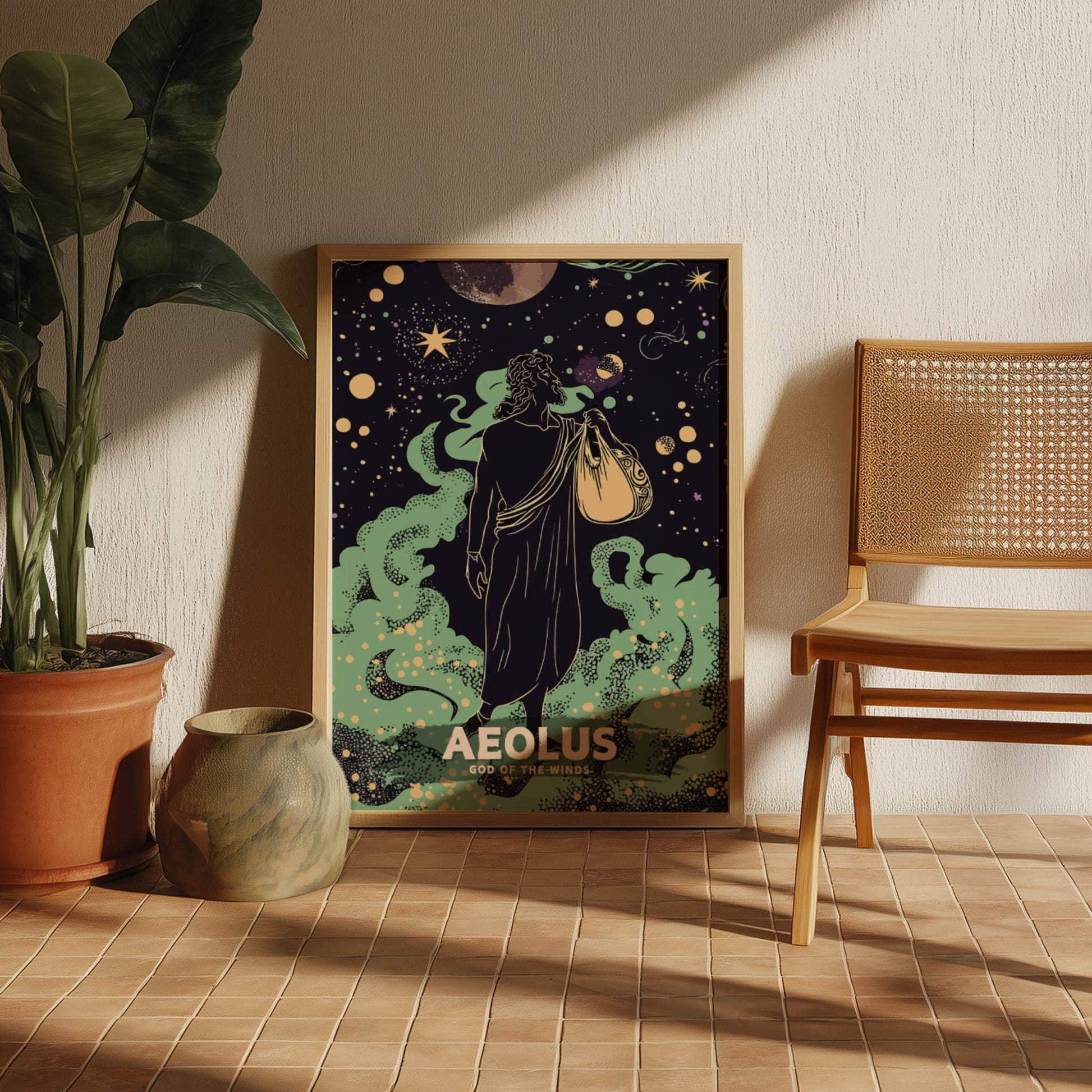 Framed artwork titled 'Aeolus' on a wall next to a wooden chair and plant.