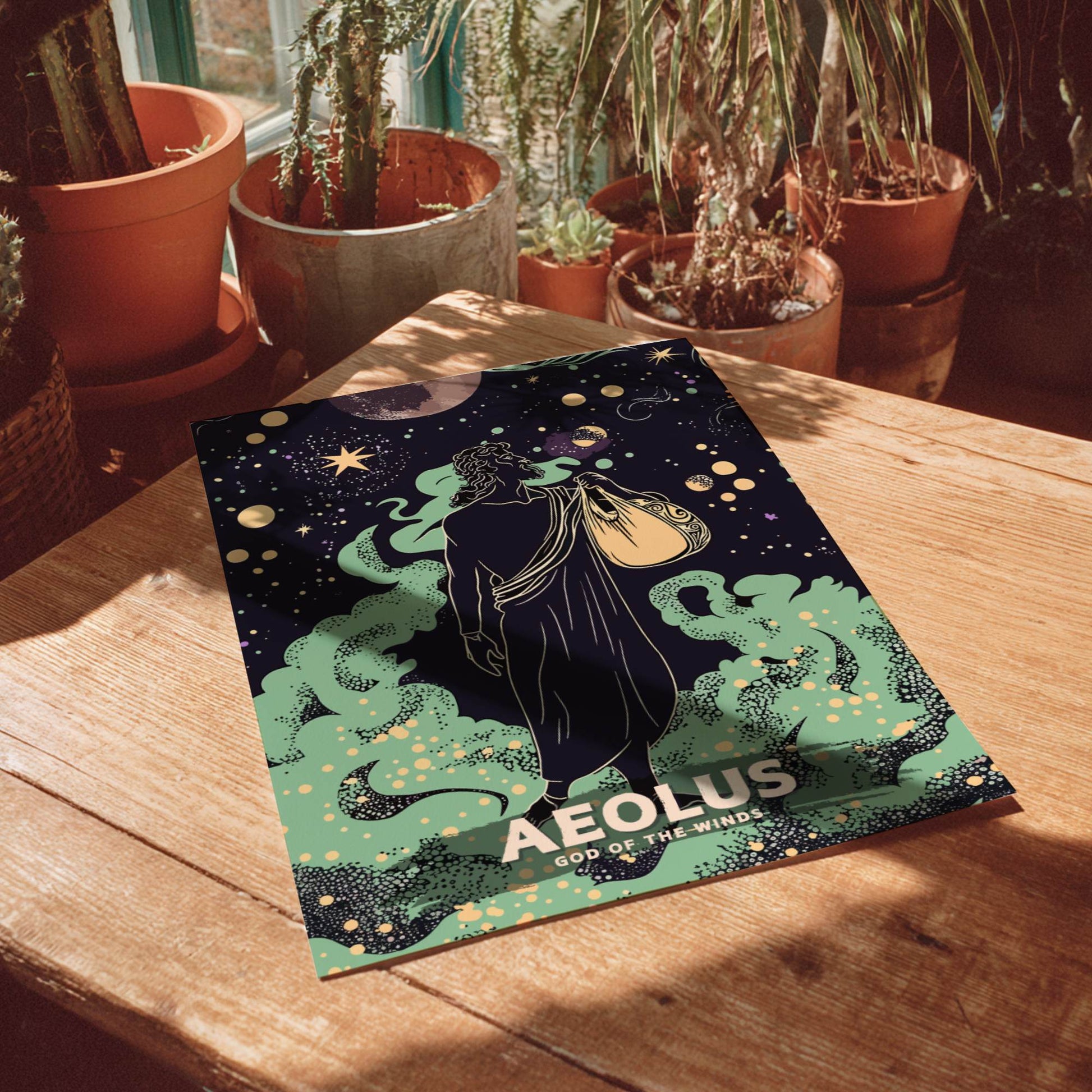 Poster of Aeolus, God of the Winds, on a wooden table with plants in the background