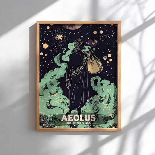 Framed poster of Aeolus, the God of the Winds, with a celestial design.