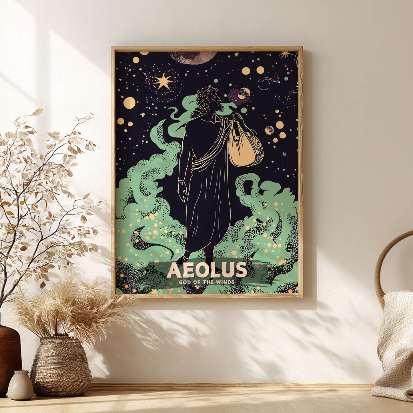 Framed artwork of Aeolus, the God of the Winds, on a wall with decorative elements.