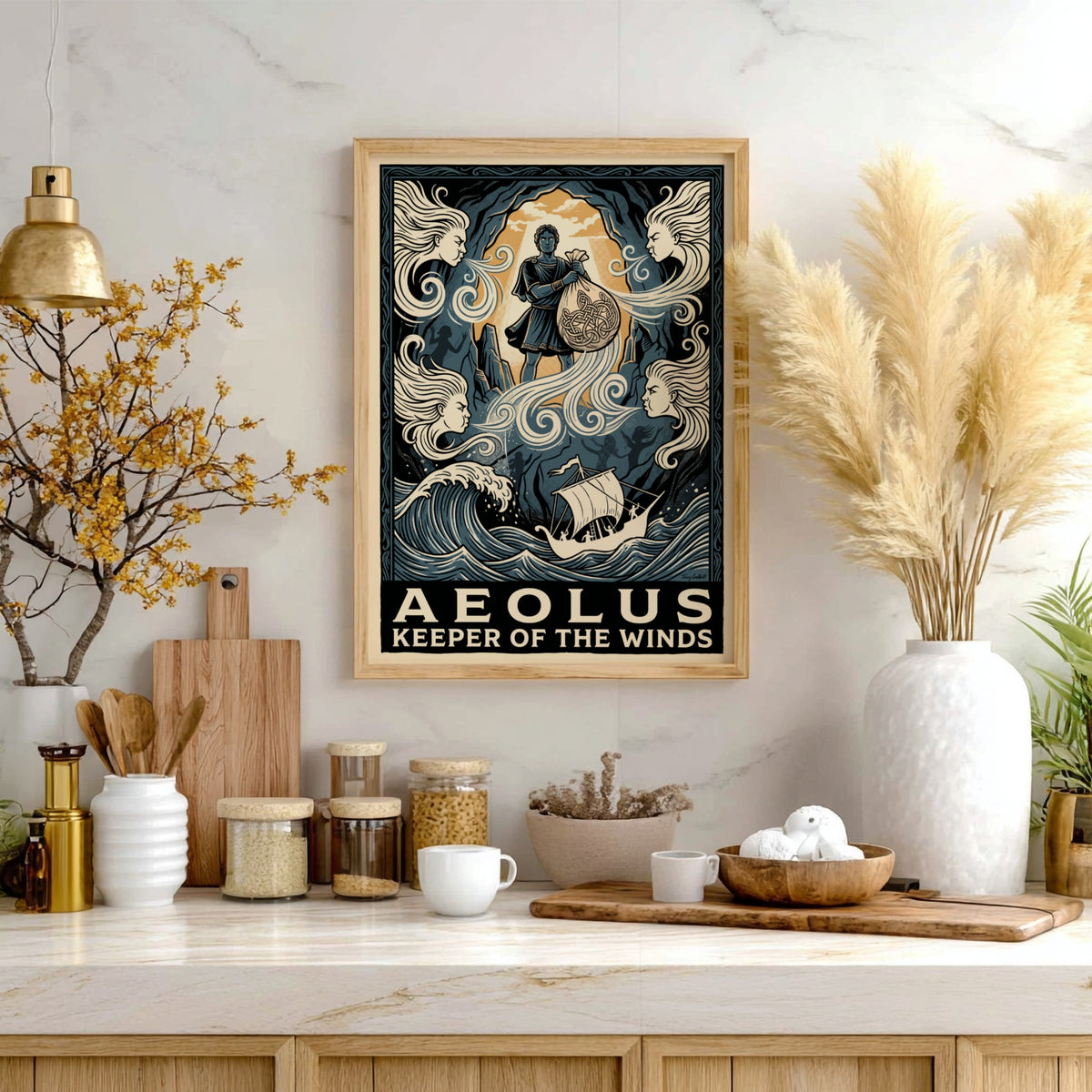 Poster featuring Aeolus holding a bag of winds above a ship in blue
