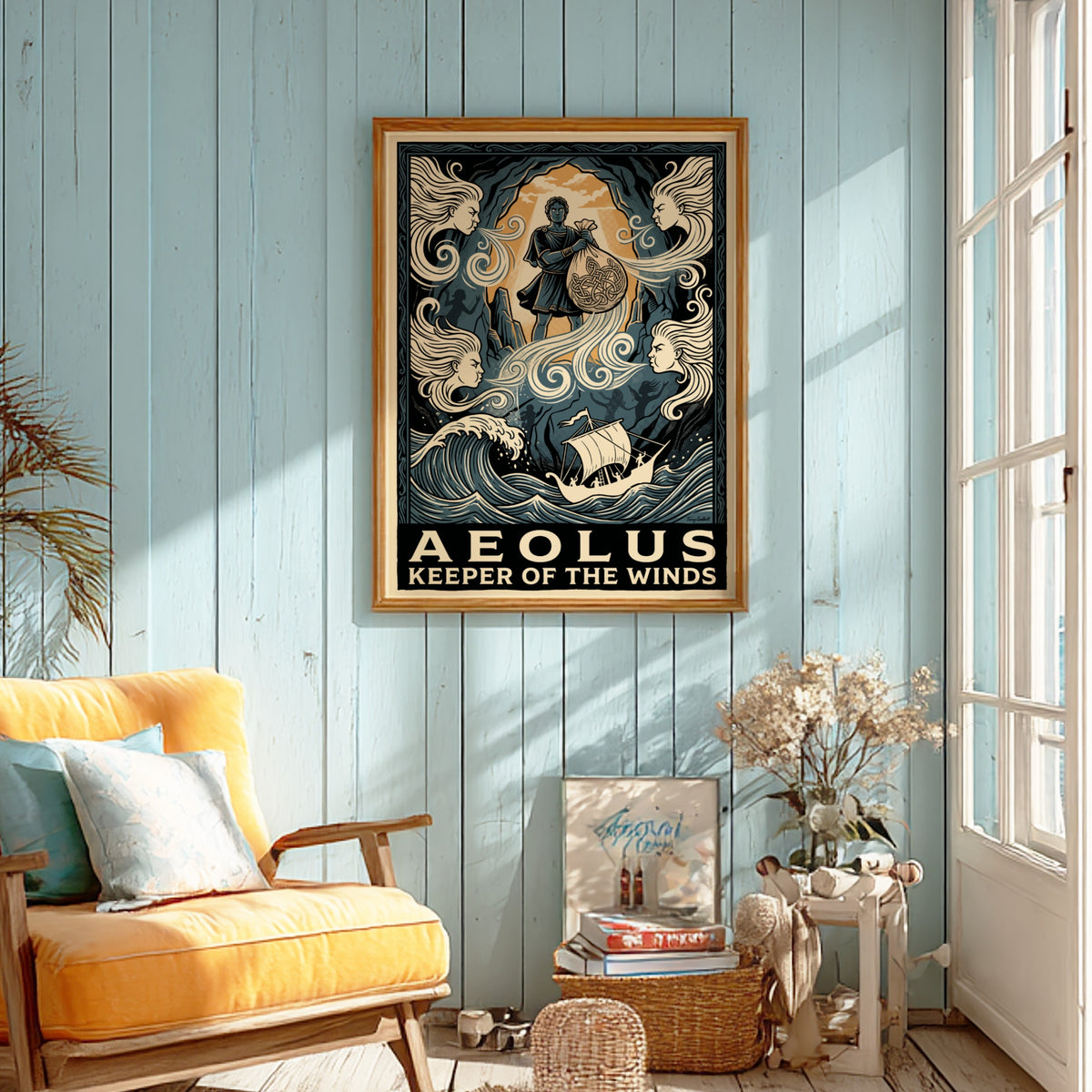 Poster featuring Aeolus holding a bag of winds above a ship in blue