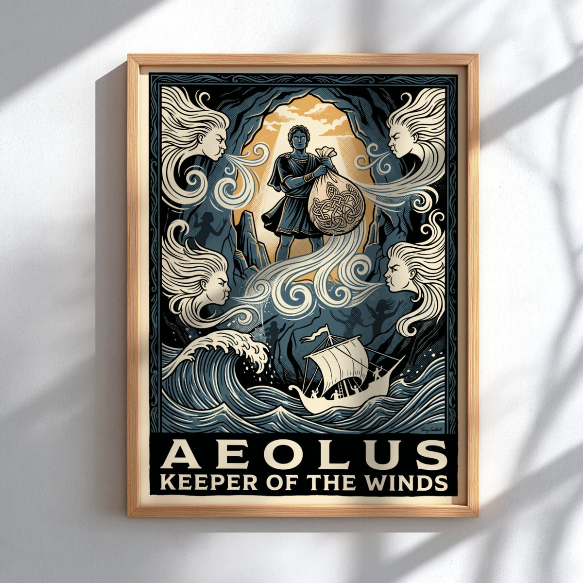 Poster featuring Aeolus holding a bag of winds above a ship in blue