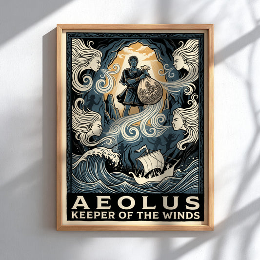 Poster featuring Aeolus holding a bag of winds above a ship in blue