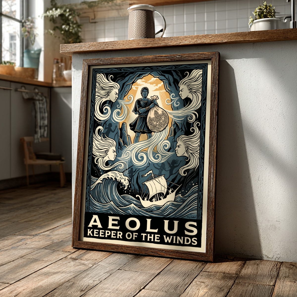 Poster featuring Aeolus holding a bag of winds above a ship in blue