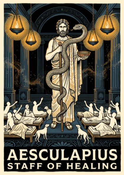 Poster featuring Aesculapius with a staff and serpent in a classical Greek temple.