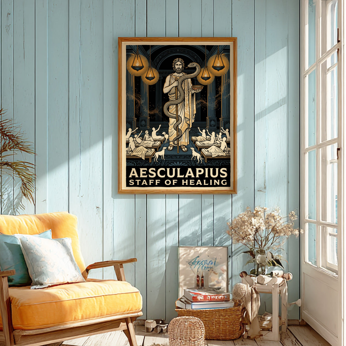Poster featuring Aesculapius with a staff and serpent in a classical Greek temple.