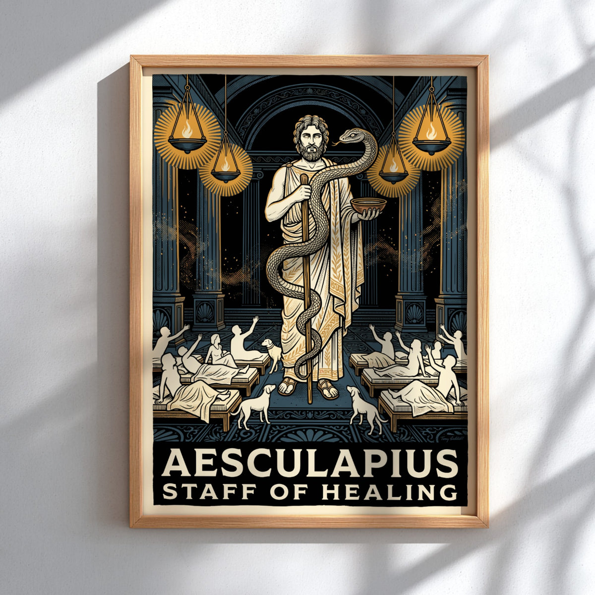 Poster featuring Aesculapius with a staff and serpent in a classical Greek temple.