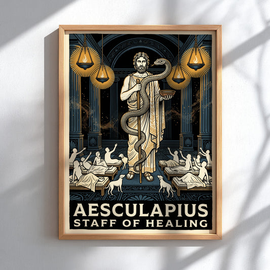 Poster featuring Aesculapius with a staff and serpent in a classical Greek temple.