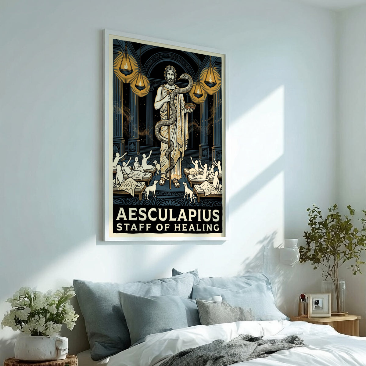 Poster featuring Aesculapius with a staff and serpent in a classical Greek temple.