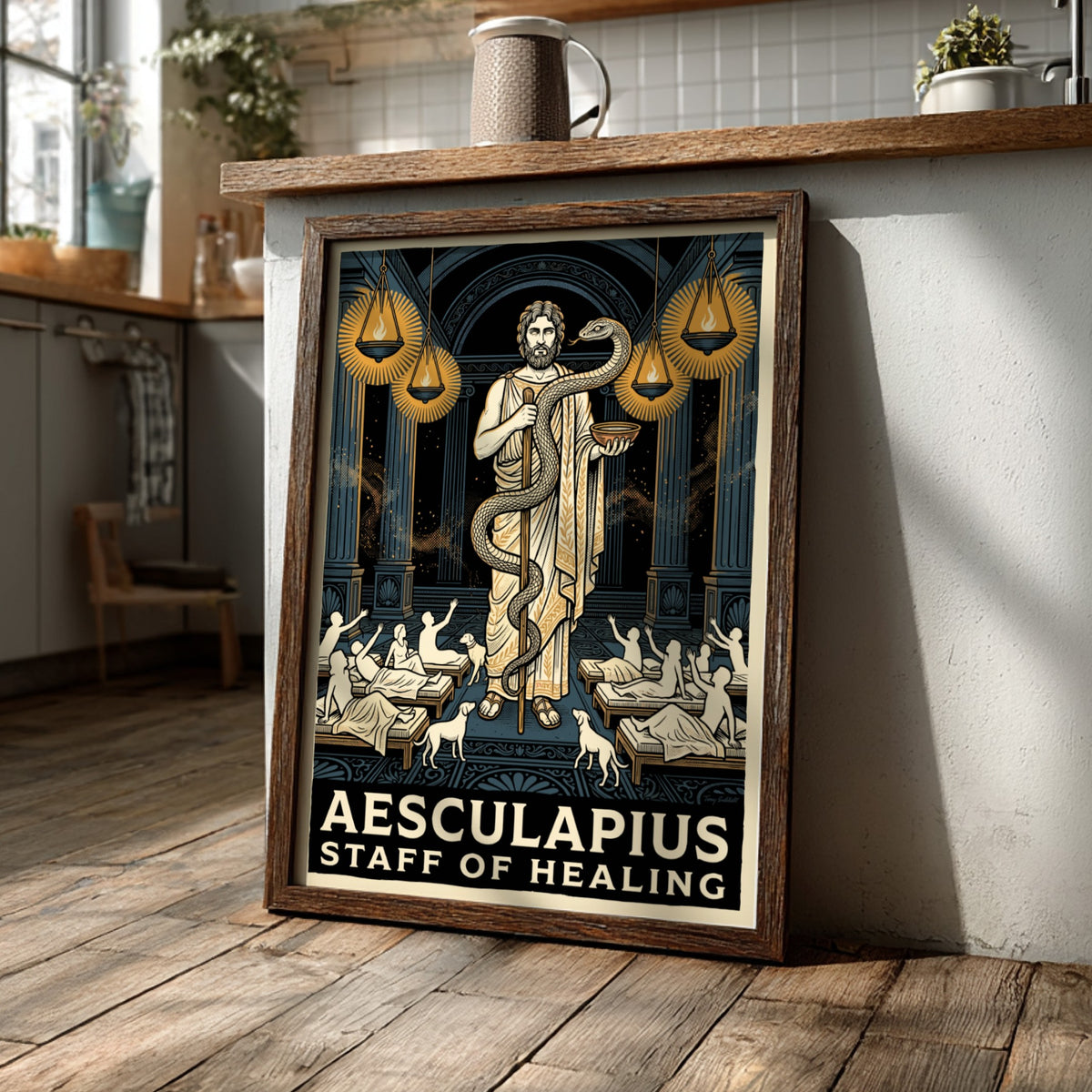 Poster featuring Aesculapius with a staff and serpent in a classical Greek temple.