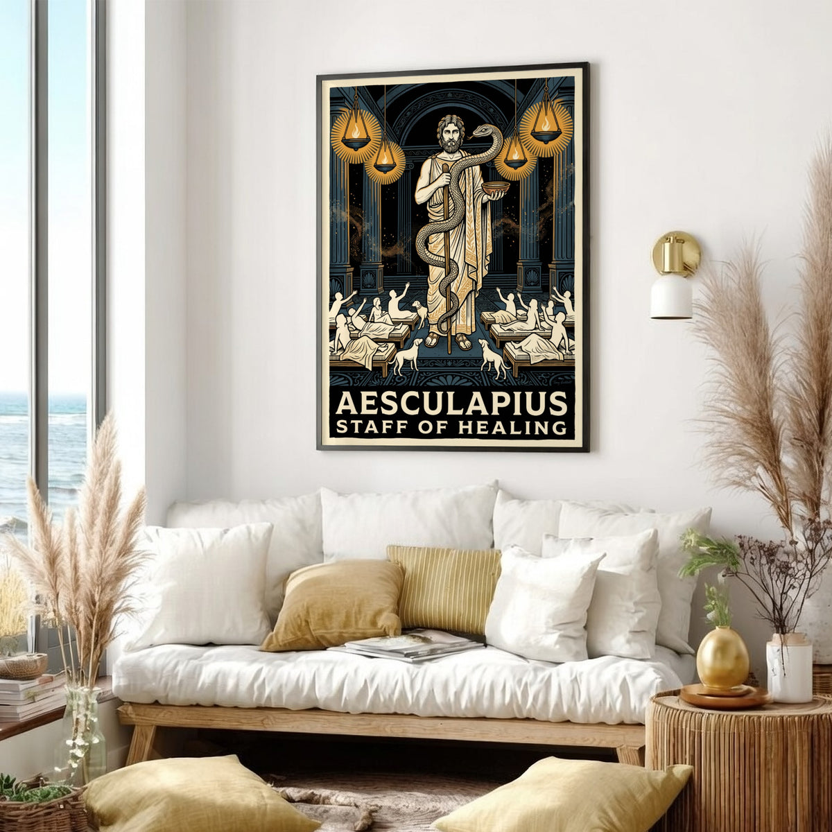Poster featuring Aesculapius with a staff and serpent in a classical Greek temple.
