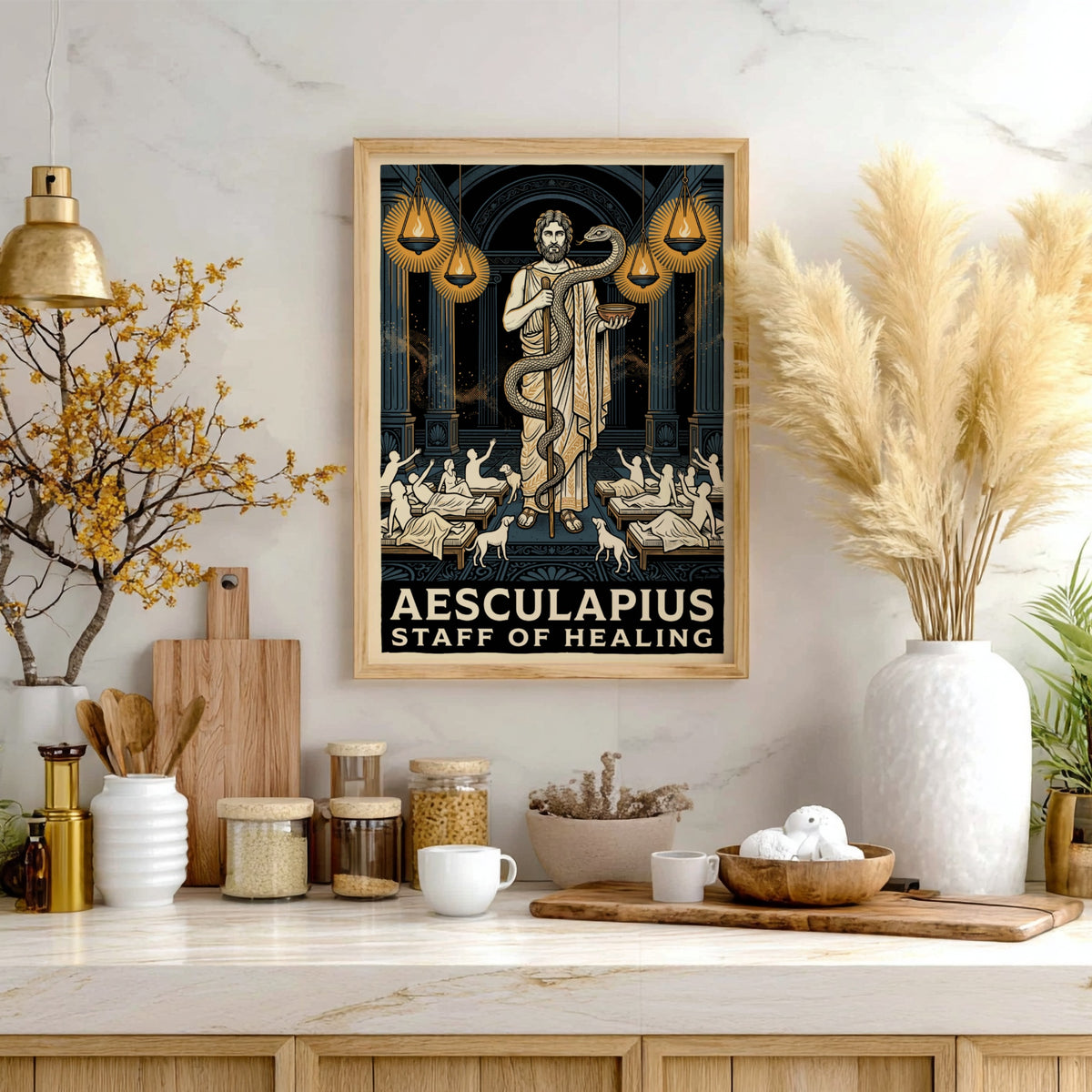 Poster featuring Aesculapius with a staff and serpent in a classical Greek temple.