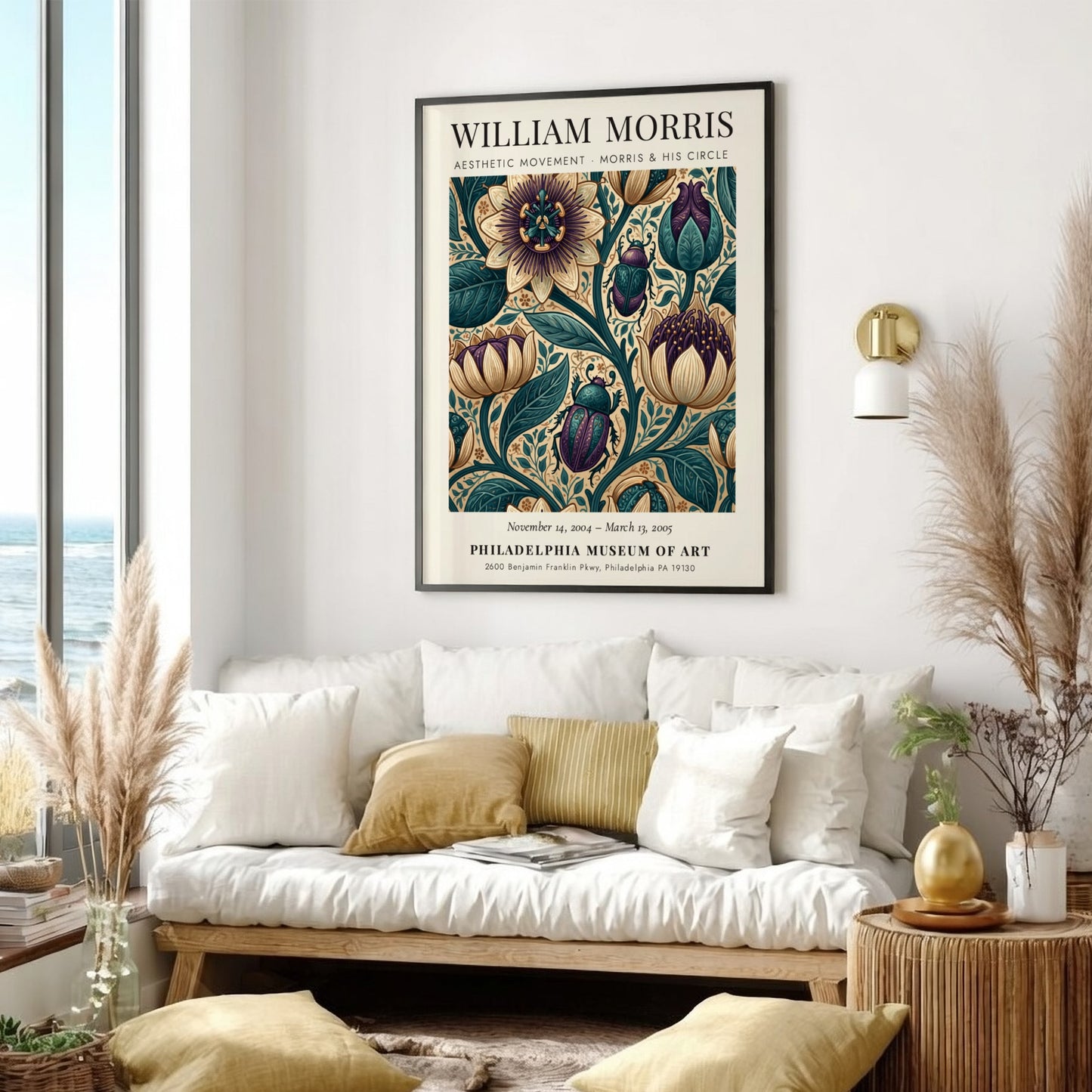 William Morris poster featuring floral patterns in vibrant colors, Aesthetic Movement design