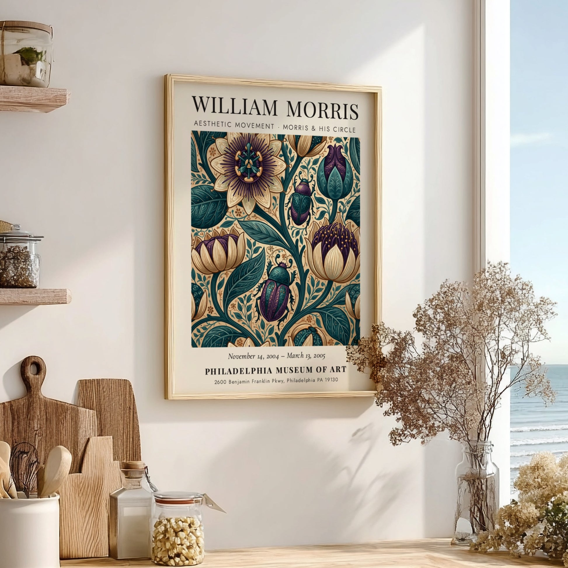 William Morris poster featuring floral patterns in vibrant colors, Aesthetic Movement design