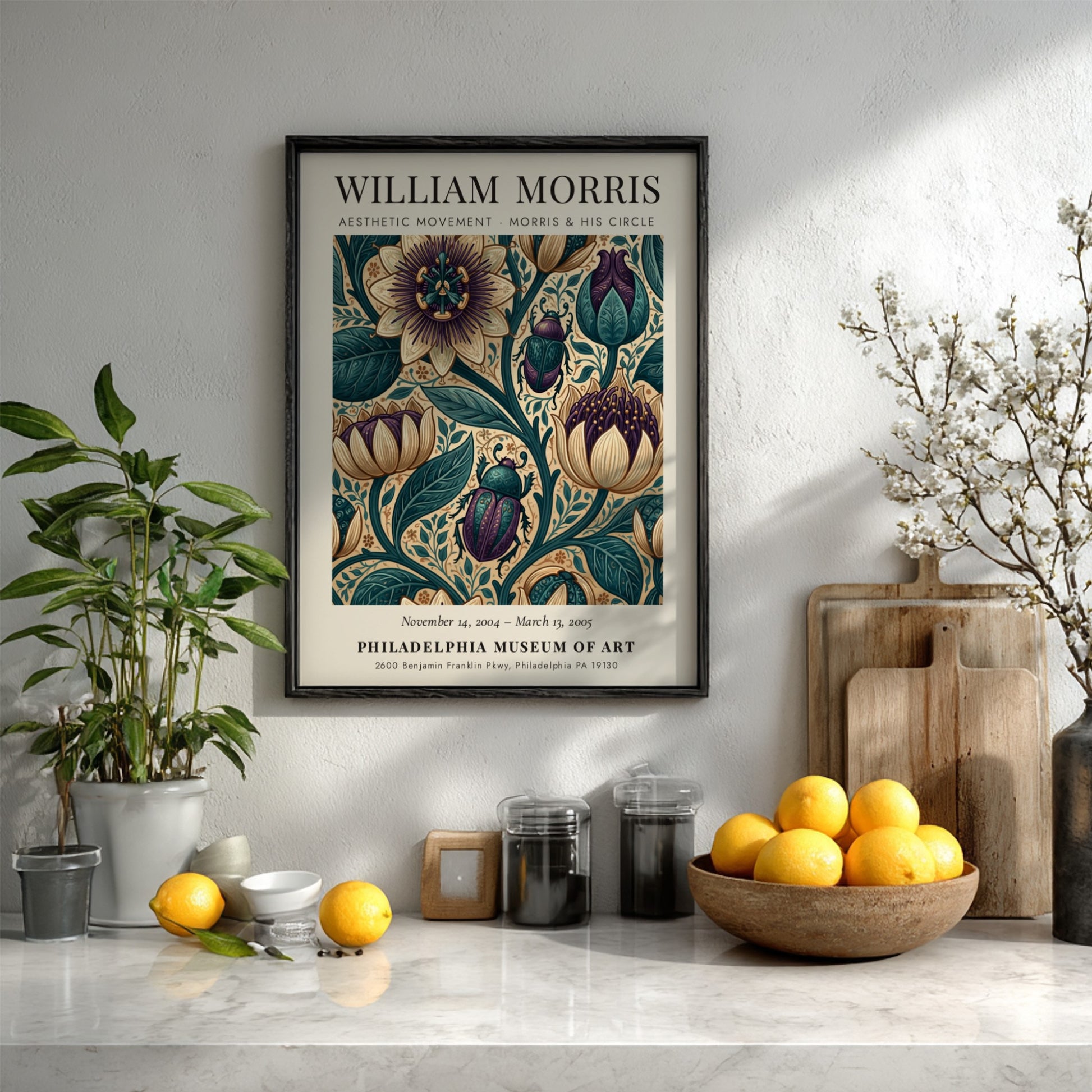 William Morris poster featuring floral patterns in vibrant colors, Aesthetic Movement design