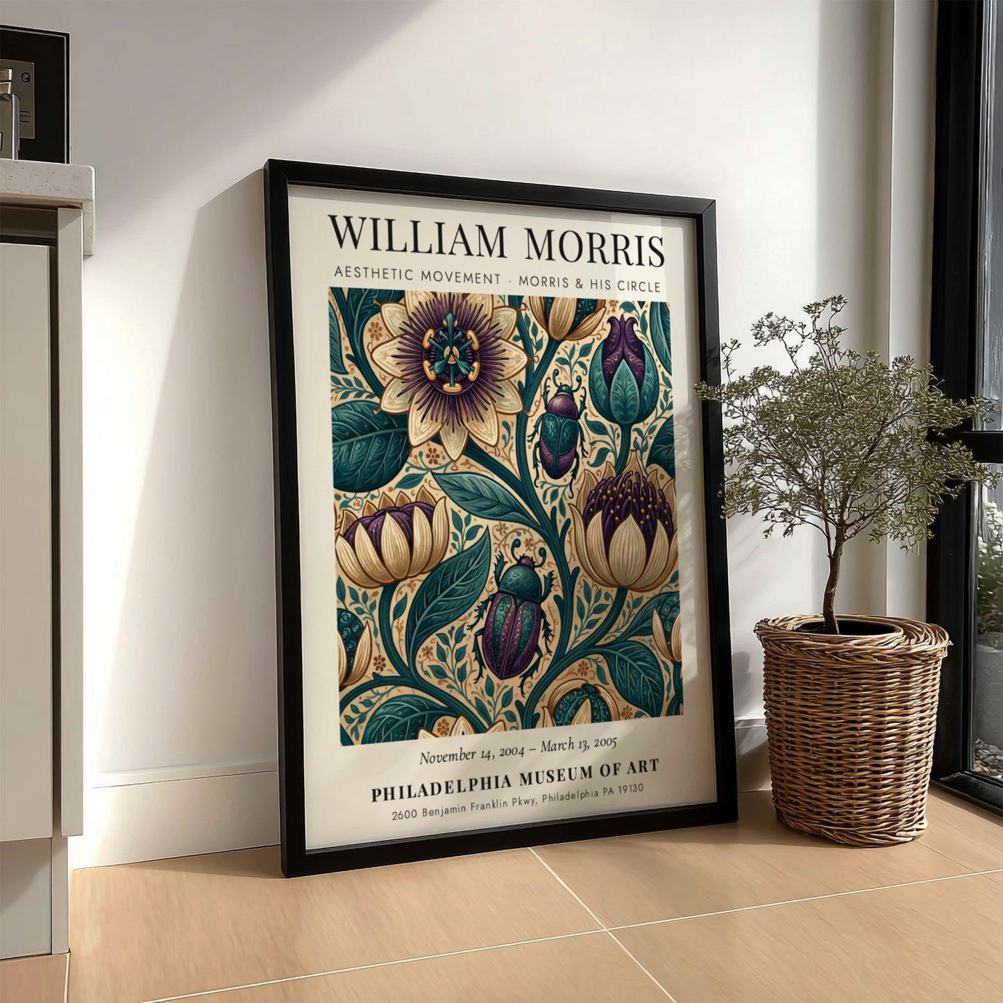 William Morris poster featuring floral patterns in vibrant colors, Aesthetic Movement design